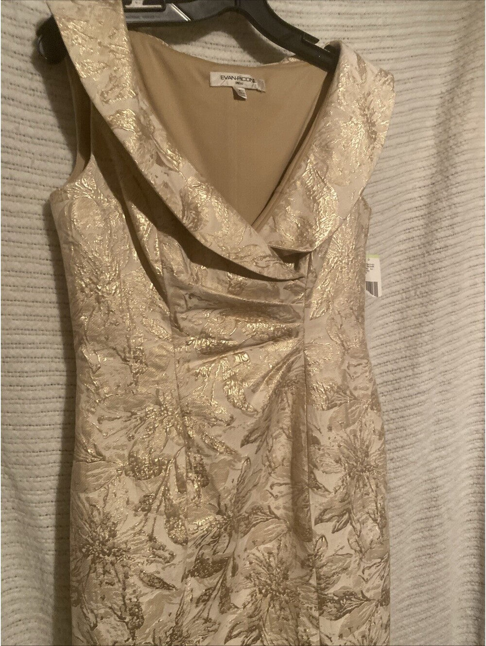 Evan Picone Women’s Dress Sheath Gold Floral Brocade Sleeveless Shawl Neck Sz 4